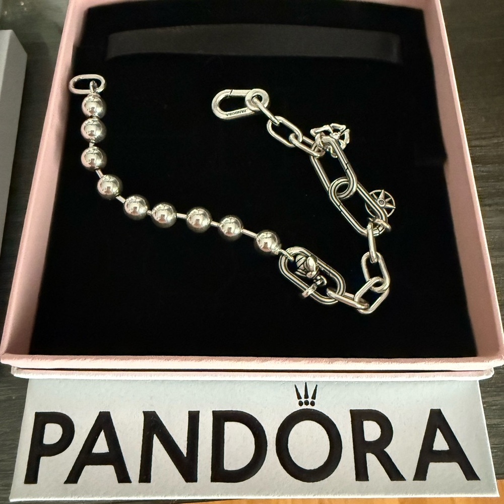 Pandora sterling silver paperclip bracelet with charms